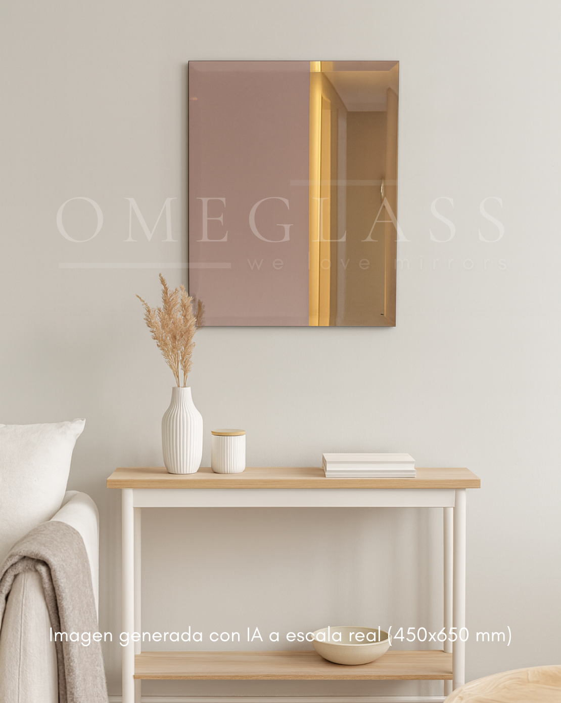 Simulación en living de espejo rose gold biselado rectangular