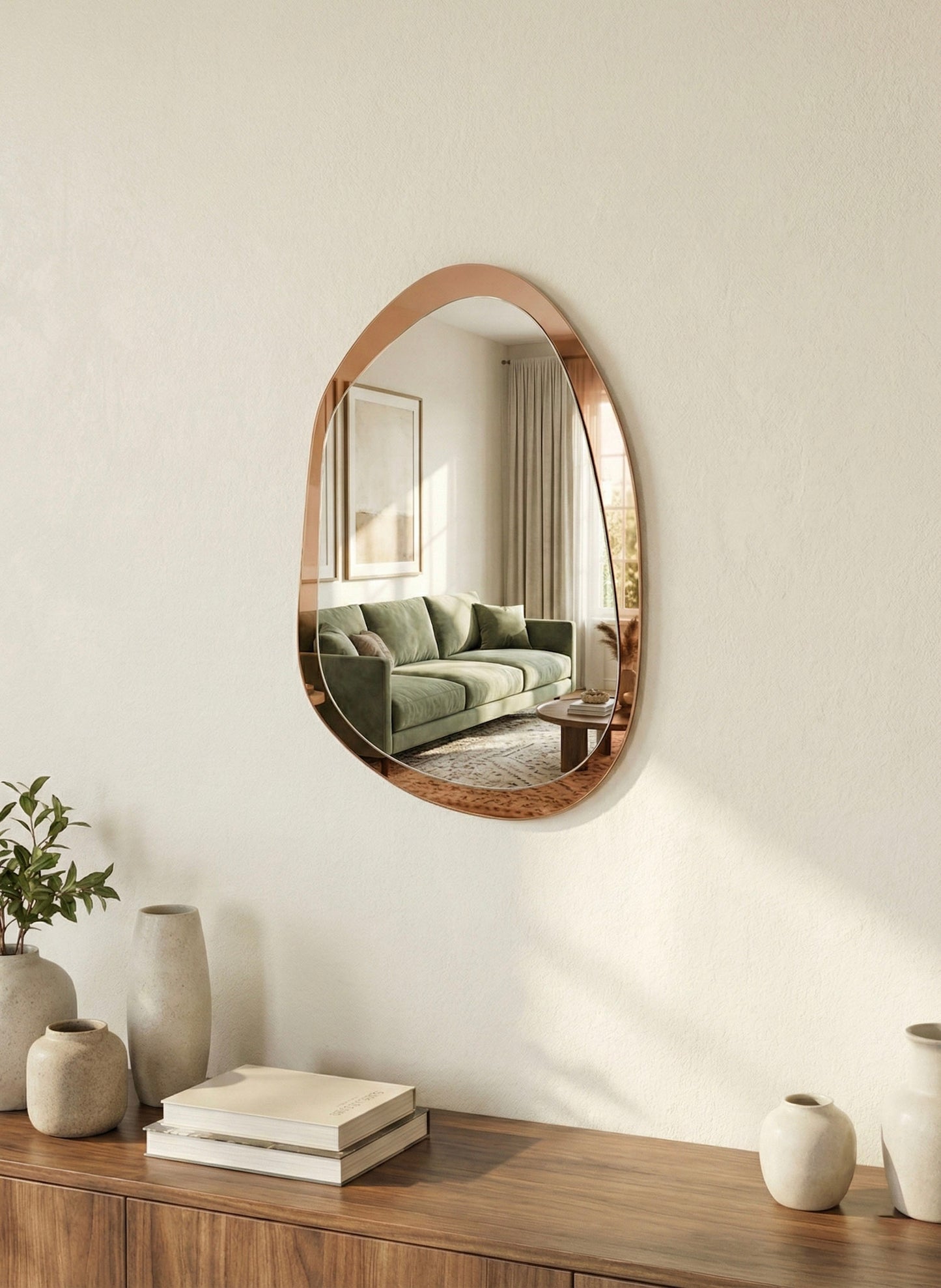 Espejo decorativo de pared con forma orgánica Duo Rose Gold de dos niveles y diseño asimétrico fabricado en Santiago con tecnología CNC.