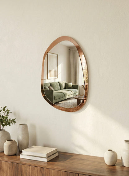 Espejo decorativo de pared con forma orgánica Duo Rose Gold de dos niveles y diseño asimétrico fabricado en Santiago con tecnología CNC.